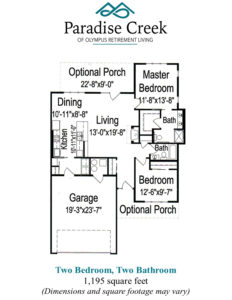 Floor plan of Gold Hill twinhome. Two bedrooms, two bathrooms, kitchen, dining room, living room, garage and optional porch. 1195 square feet.