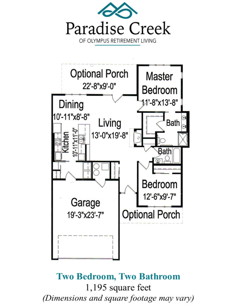 Floor plan of Gold Hill twinhome. Two bedrooms, two bathrooms, kitchen, dining room, living room, garage and optional porch. 1195 square feet.
