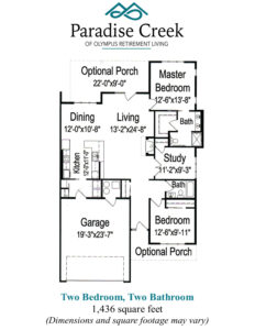 Floor plan of Moscow Mountain twinhome. Two bedrooms, two bathrooms, study, kitchen, dining room, living room, garage and optional porch. 1436 square feet.