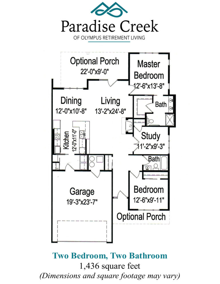 Floor plan of Moscow Mountain twinhome. Two bedrooms, two bathrooms, study, kitchen, dining room, living room, garage and optional porch. 1436 square feet.