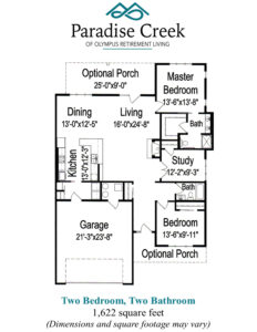 Floor plan of Paradise Ridge twinhome. Two bedrooms, two bathrooms, study, kitchen, dining room, living room, garage and optional porch. 1622 square feet.
