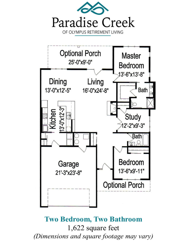 Floor plan of Paradise Ridge twinhome. Two bedrooms, two bathrooms, study, kitchen, dining room, living room, garage and optional porch. 1622 square feet.