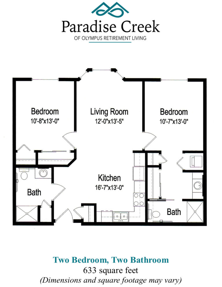 Floor plan of Cedar independent living. Two bedrooms, two bathrooms, kitchen, living room. 633 square feet.