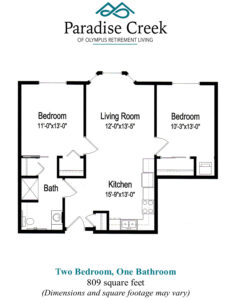Floor plan of Ponderosa independent living. Two bedrooms, one bathroom, kitchen, living room. 809 square feet.