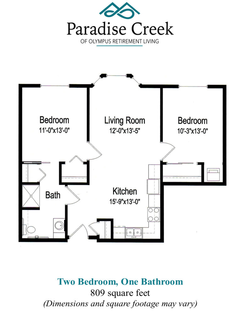 Floor plan of Ponderosa independent living. Two bedrooms, one bathroom, kitchen, living room. 809 square feet.