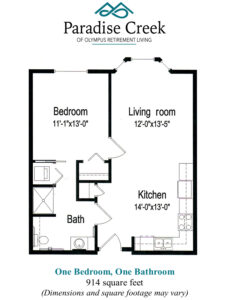 Floor plan of Tamarack independent living. One bedroom, one bathroom, kitchen, living room. 914 square feet.