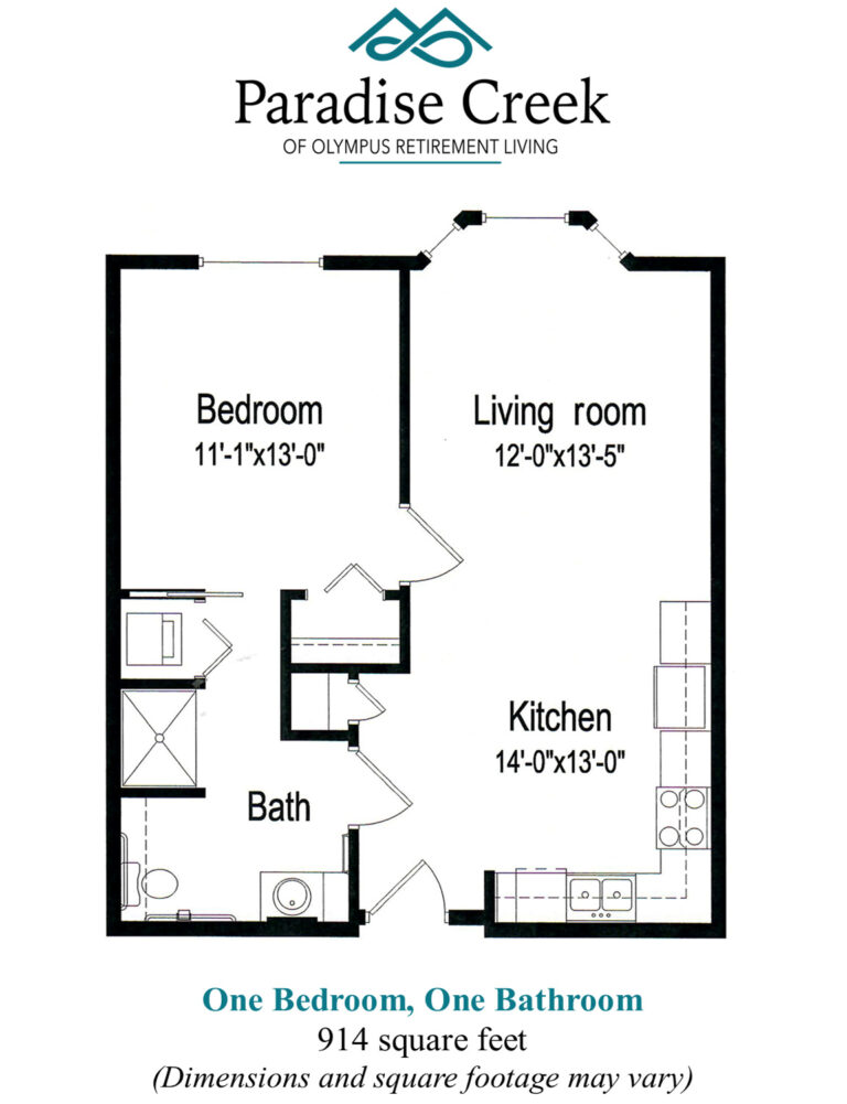 Floor plan of Tamarack independent living. One bedroom, one bathroom, kitchen, living room. 914 square feet.