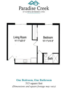 Floor plan of towers 1 independent living at Paradise Creek Towers. One bedroom, one bathroom, living room. 515 square feet.
