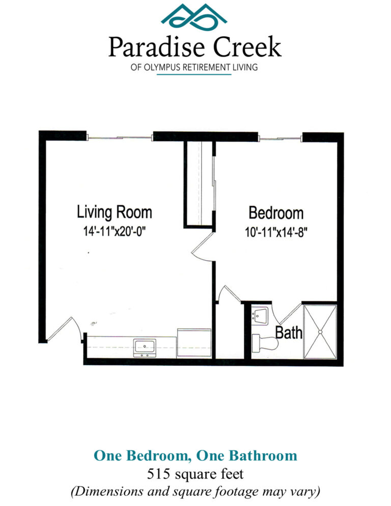 Floor plan of towers 1 independent living at Paradise Creek Towers. One bedroom, one bathroom, living room. 515 square feet.